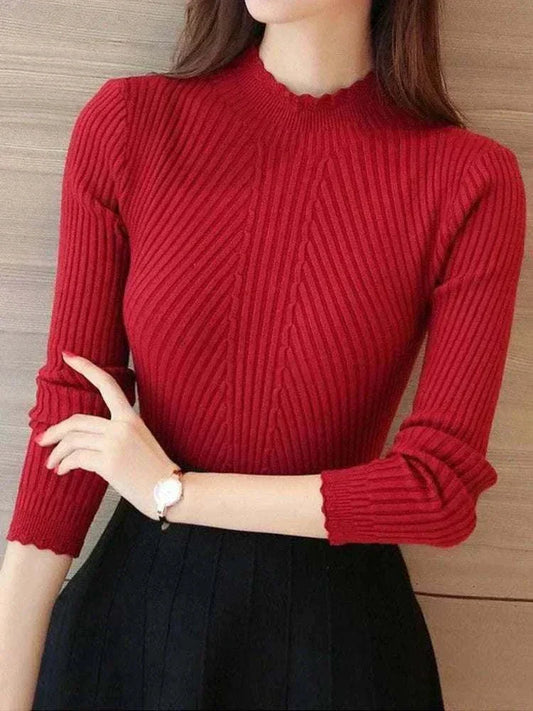 2025 Autumn Women Mock Neck Ruffles Sweater