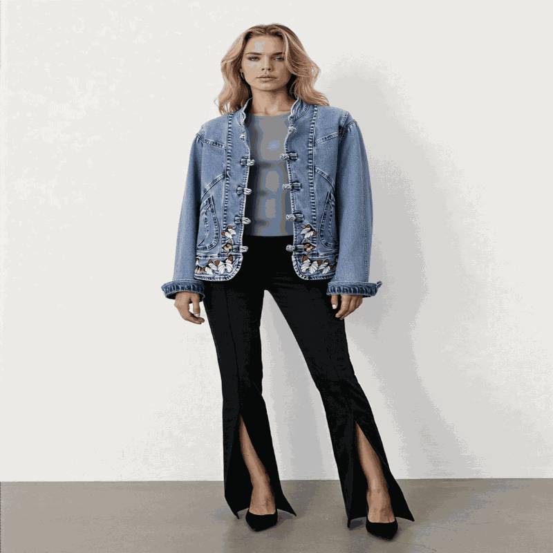 Model in Butterfly Embroidery 2024 Short Denim Jacket