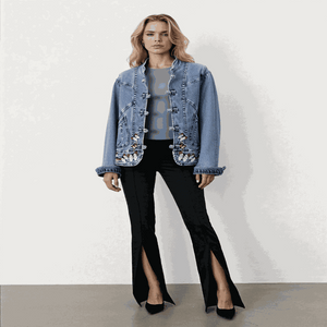 Model in Butterfly Embroidery 2024 Short Denim Jacket