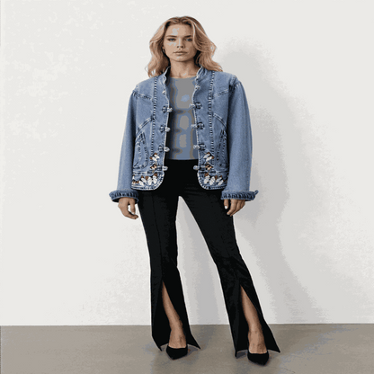 Model in Butterfly Embroidery 2024 Short Denim Jacket