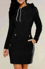 Black Hooded Zipper Pullover Mid-Length Sweatshirt Dress