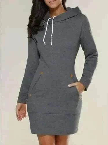 Dark Grey Hooded Zipper Pullover Mid-Length Sweatshirt Dress