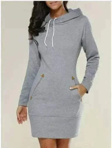 Light Grey Hooded Zipper Pullover Mid-Length Sweatshirt Dress