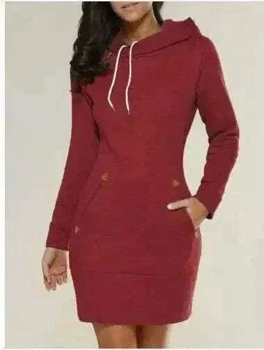 Red Hooded Zipper Pullover Mid-Length Sweatshirt Dress