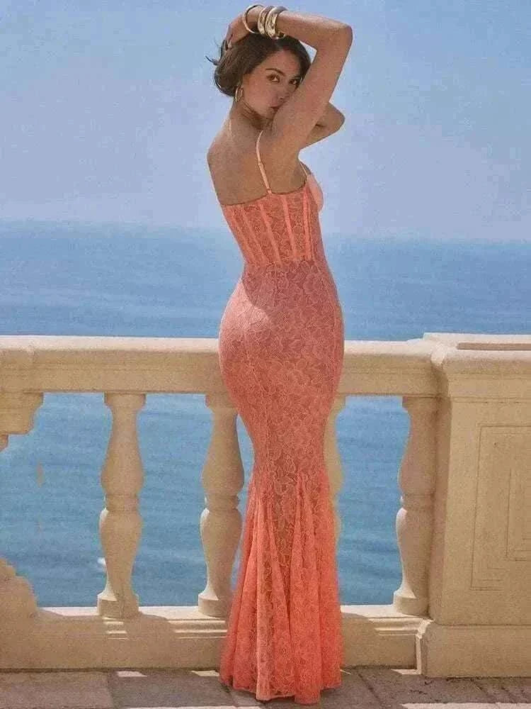  Women Wearing Mozision Floral Lace Sexy Maxi Dress other side view