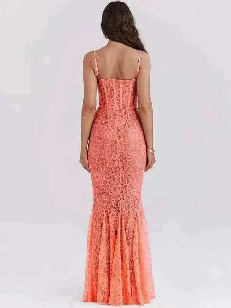  Women Wearing Mozision Floral Lace Sexy Maxi Dress back view