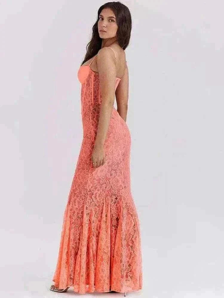  Women Wearing Mozision Floral Lace Sexy Maxi Dress Side View