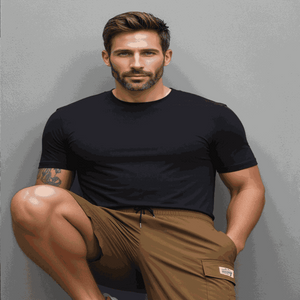 Man In Khaki Cargo Shorts  for Outdoor Work or Hiking. , Men Cargo Shorts