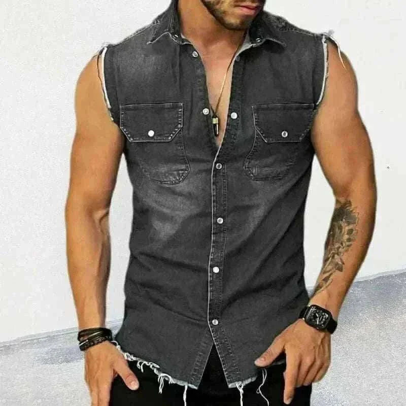 Man Wearing Tank Tops Black Men Down Collar Tees