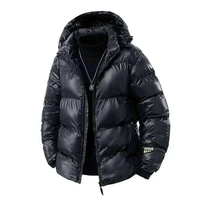  Men Black Puffer Jacket  Winter with Fully Hooded front jacket view,
