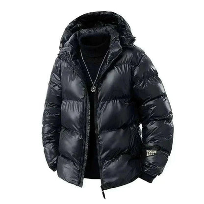  Men Black Puffer Jacket  Winter with Fully Hooded front jacket view,