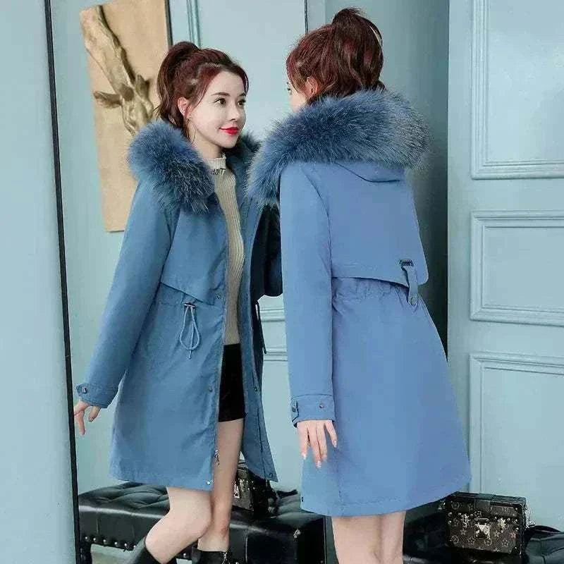 Women Blue Wool New Fur Collar Long Coat