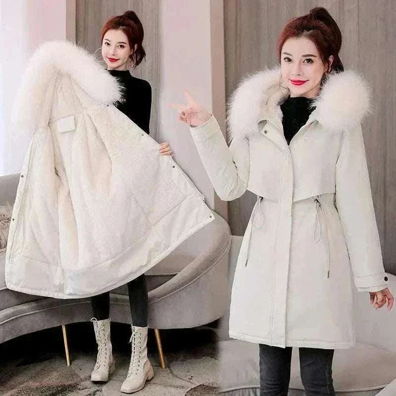Women White New Fur Collar Long Coat with Hood , Winter Coats For Women