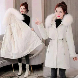 Women White New Fur Collar Long Coat with Hood , Winter Coats For Women