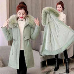 Women Green Wool New Fur Collar Long Coat