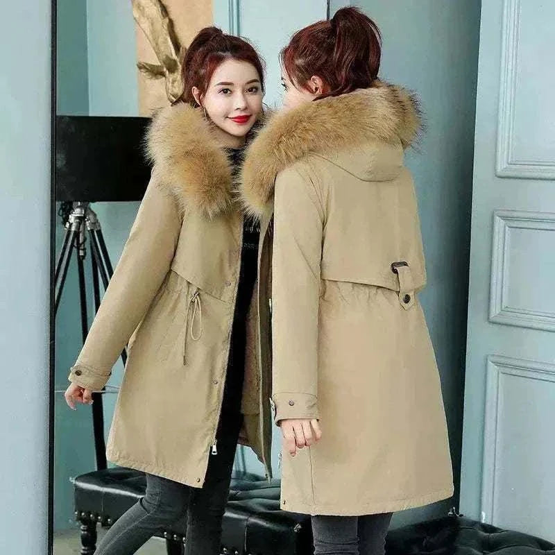 Women Khaki Wool New Fur Collar Long Coat 