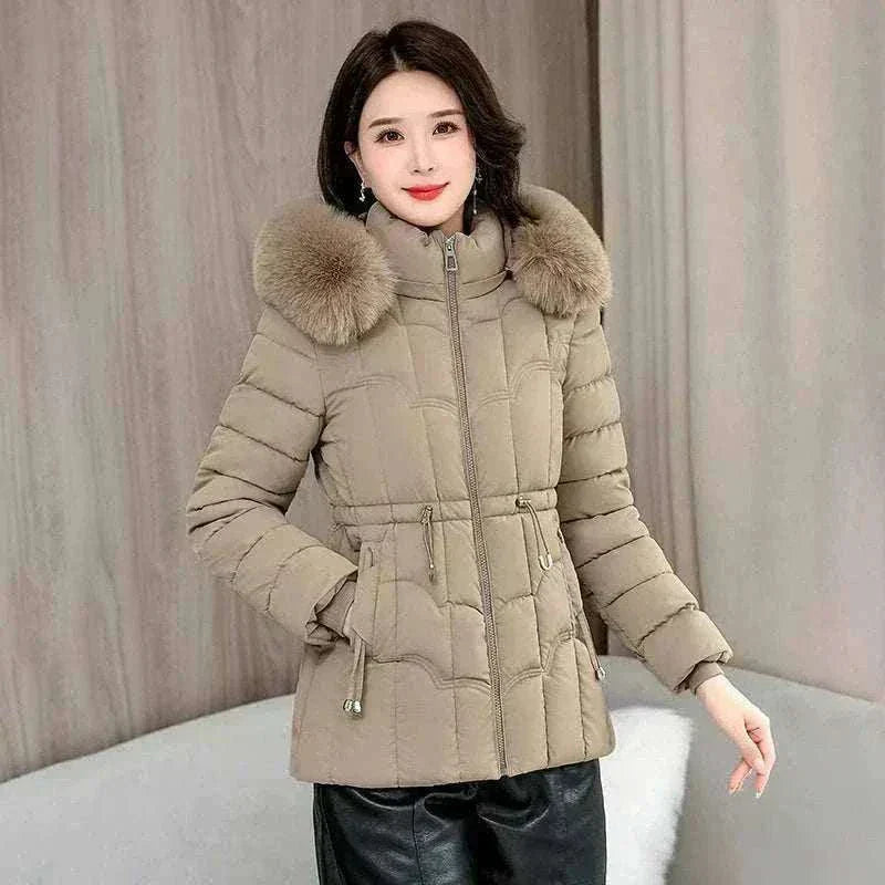 Women Parkas Fashion Warm Cotton Khaki Front View 2 Padded Coat