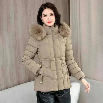 Women Parkas Fashion Warm Cotton Khaki Front View 2 Padded Coat