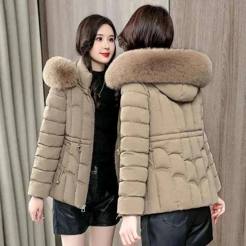 Women Parkas Fashion Warm Cotton Khaki Mirror View Back View Padded Coat 