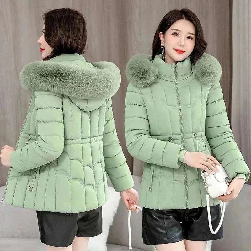 Women Parkas Fashion Warm Cotton Green Front & Back View Padded Coat