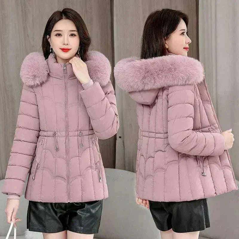 Women Parkas Fashion Warm Cotton Pink Side & Front View Padded Coat 