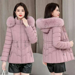 Women Parkas Fashion Warm Cotton Pink Side & Front View Padded Coat 