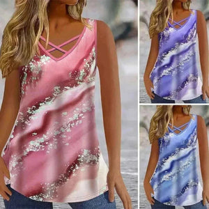 Plus Size Marble Print Tank Top Casual Criss Cross Sleeveless V Neck Top