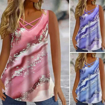 Plus Size Marble Print Tank Top Casual Criss Cross Sleeveless V Neck Top