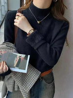 Women's Wearing Black Turtleneck Sweater Winter 2025 Retro with Velvet Lining