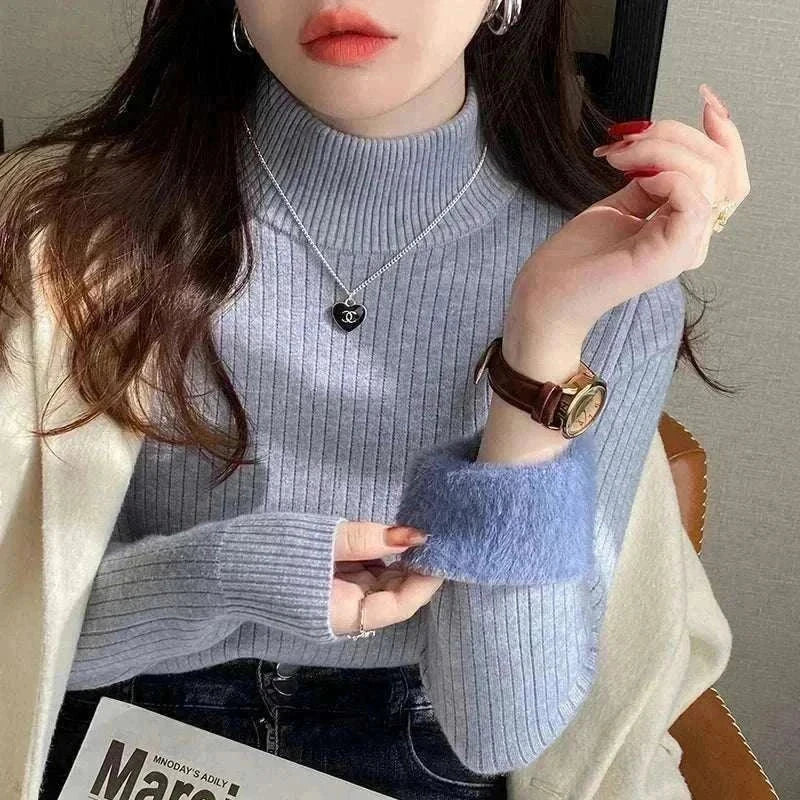 Women's Wearing Blue Gray Turtleneck Sweater Winter 2025 Retro with Velvet Lining