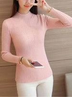 2025 Pink Autumn Women Mock Neck Ruffles Sweater