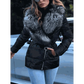 Model Wearing Winter Coat Black Bright Surface  Large Collar