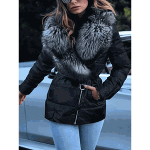 Model Wearing Winter Coat Black Bright Surface  Large Collar