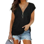 Short-Sleeved Black T-shirt Blouse with Chest Zipper.