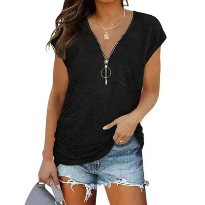 Short-Sleeved Black T-shirt Blouse with Chest Zipper.
