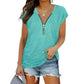 Short-Sleeved Sky Blue T-shirt Blouse with Chest Zipper.