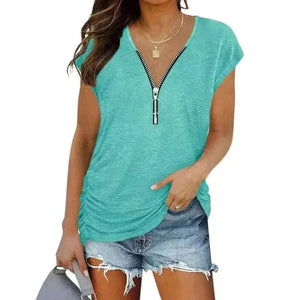 Short-Sleeved Sky Blue T-shirt Blouse with Chest Zipper.