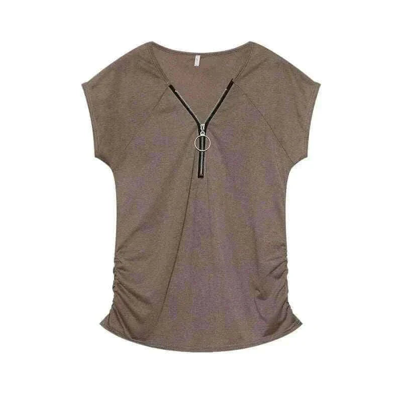 Short-Sleeved T-shirt Blouse with Chest Zipper.