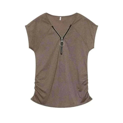 Short-Sleeved T-shirt Blouse with Chest Zipper.
