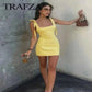 Women Wearing In TRAFZA 2025 Fashion Women's Yellow Plaid Sling Dress 2nd View 