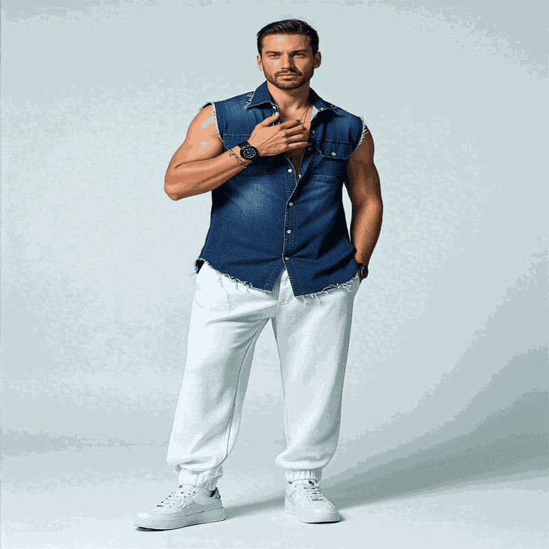 Man Wearing Tank Tops Blue Men Down Collar Tees