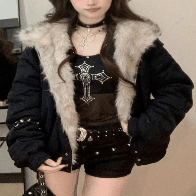  Women Winter New Black Elegant Liner with Fur Loose Coat front view