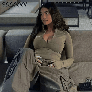 Long Sleeve T Shirt -Soqoool Y2K Long Sleeve Zip Crop Top