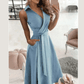 Women Wearing Blue Pocket Midi Dress Casual