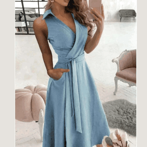 Women Wearing Blue Pocket Midi Dress Casual