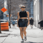 Women Model Wearing vintage leather black skirt front view