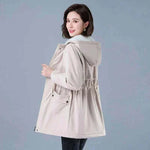 Women Winter Jackets Side View in Cotton Fabric in Beige, with Lining Plush Hooded