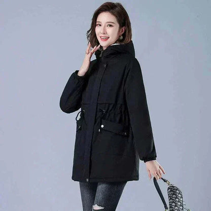 Women Winter Jackets Front Side  in cotton fabric in Black with Lining Plush Hooded