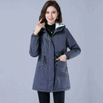Women Winter Jackets Front View in Cotton Fabric in Blue with Lining Plush Hooded