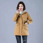 Women Winter Jackets Front View in Cotton Fabric in Yellow with Lining Plush Hooded
